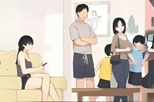 A pastel-colored manga illustration showing a tense family scene with a woman on a couch, a man standing with crossed arms, and a mother with children in a living room setting.