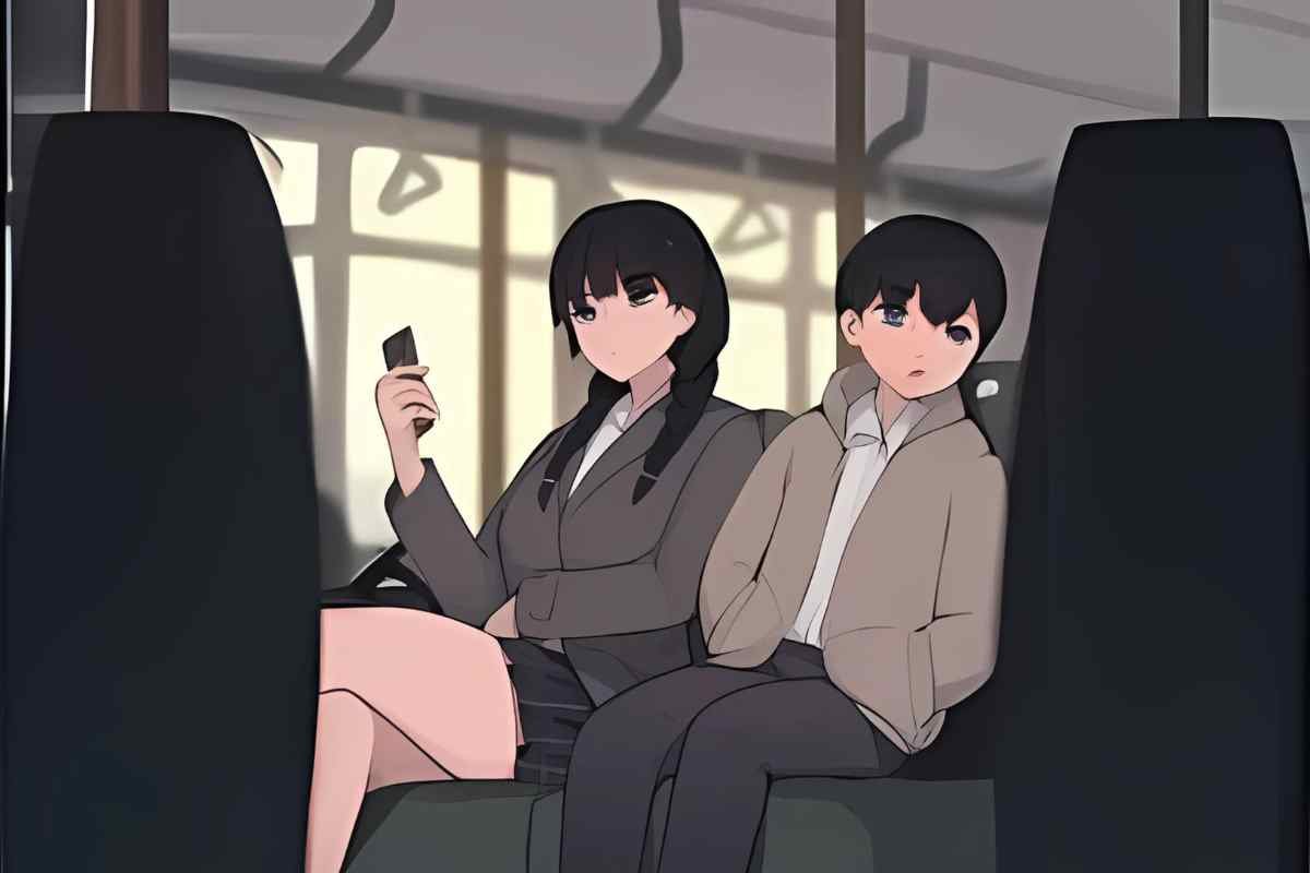 Two anime-style characters sitting on a bus, representing the unique artistic style of the Pepper0 Family series.