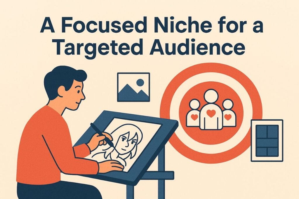 Flat illustration titled A Focused Niche for a Targeted Audience with artist and target audience.