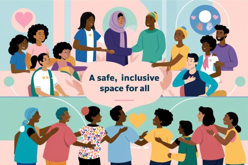Flat illustration titled A Safe, Inclusive Space for All with diverse people and unity symbols.