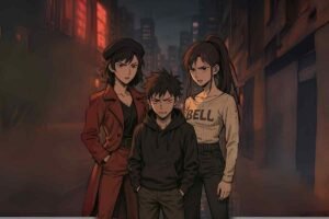 A gritty manga-style portrait of the pepper0 siblings exuding mature, dramatic energy in a neon-lit city.