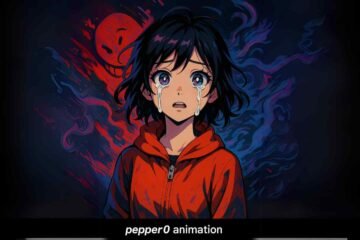 A character with flowing black hair, expressive eyes, and surreal emotion in Pepper0 animation style.