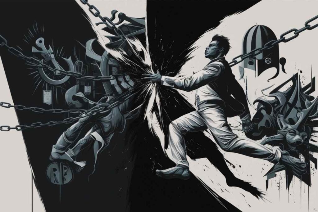 A figure breaking chains, symbolizing defiance against Challenging Moral and Artistic Norms.