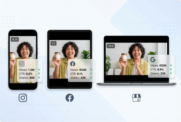 Multi-platform video outputs in different aspect ratios with analytics