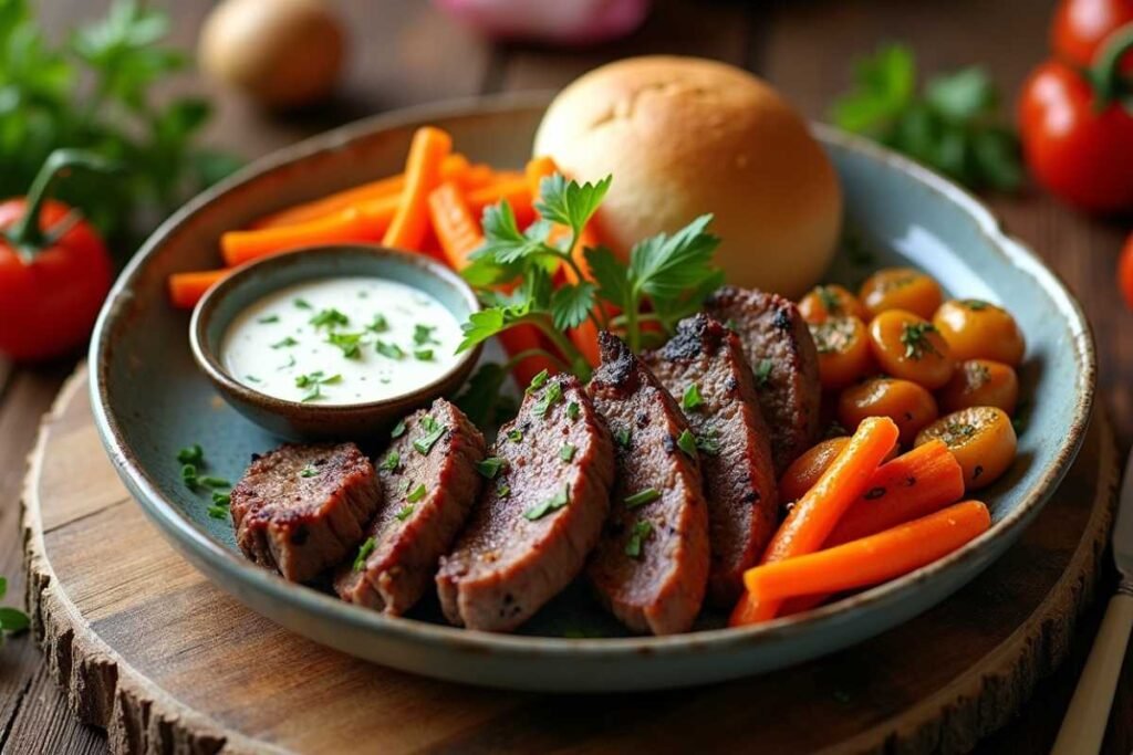 Traditional Turkish Cevir dish with garlic yogurt sauce