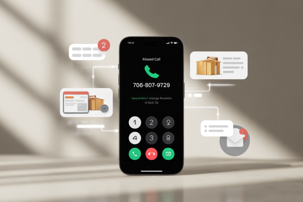 Missed call from 706-807-9729 with voicemail icon.