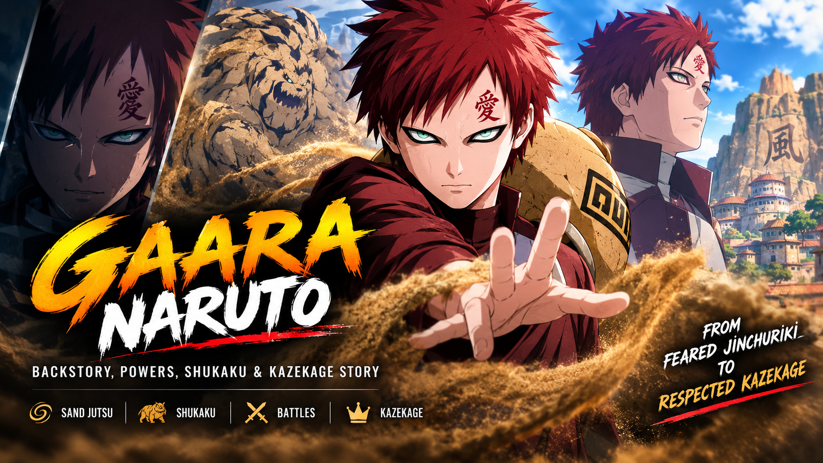Gaara standing with his sand gourd and controlling swirling sand in Sunagakure