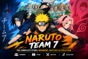 Naruto Team 7 featuring Naruto Uzumaki, Sasuke Uchiha, Sakura Haruno, and Kakashi Hatake in Konoha