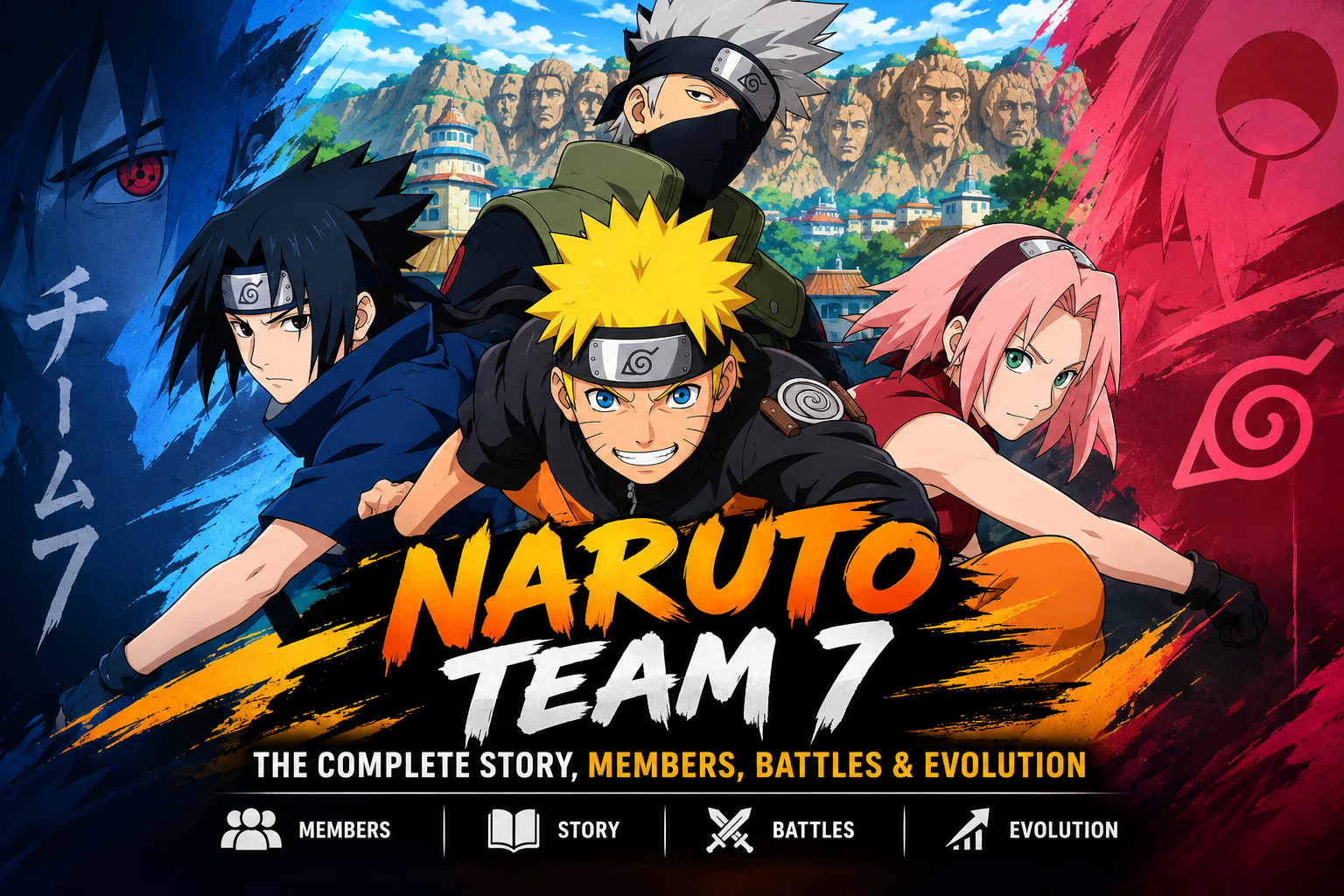 Naruto Team 7 featuring Naruto Uzumaki, Sasuke Uchiha, Sakura Haruno, and Kakashi Hatake in Konoha