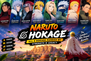 Naruto Hokage featuring all eight Konoha leaders from Hashirama Senju to Shikamaru Nara