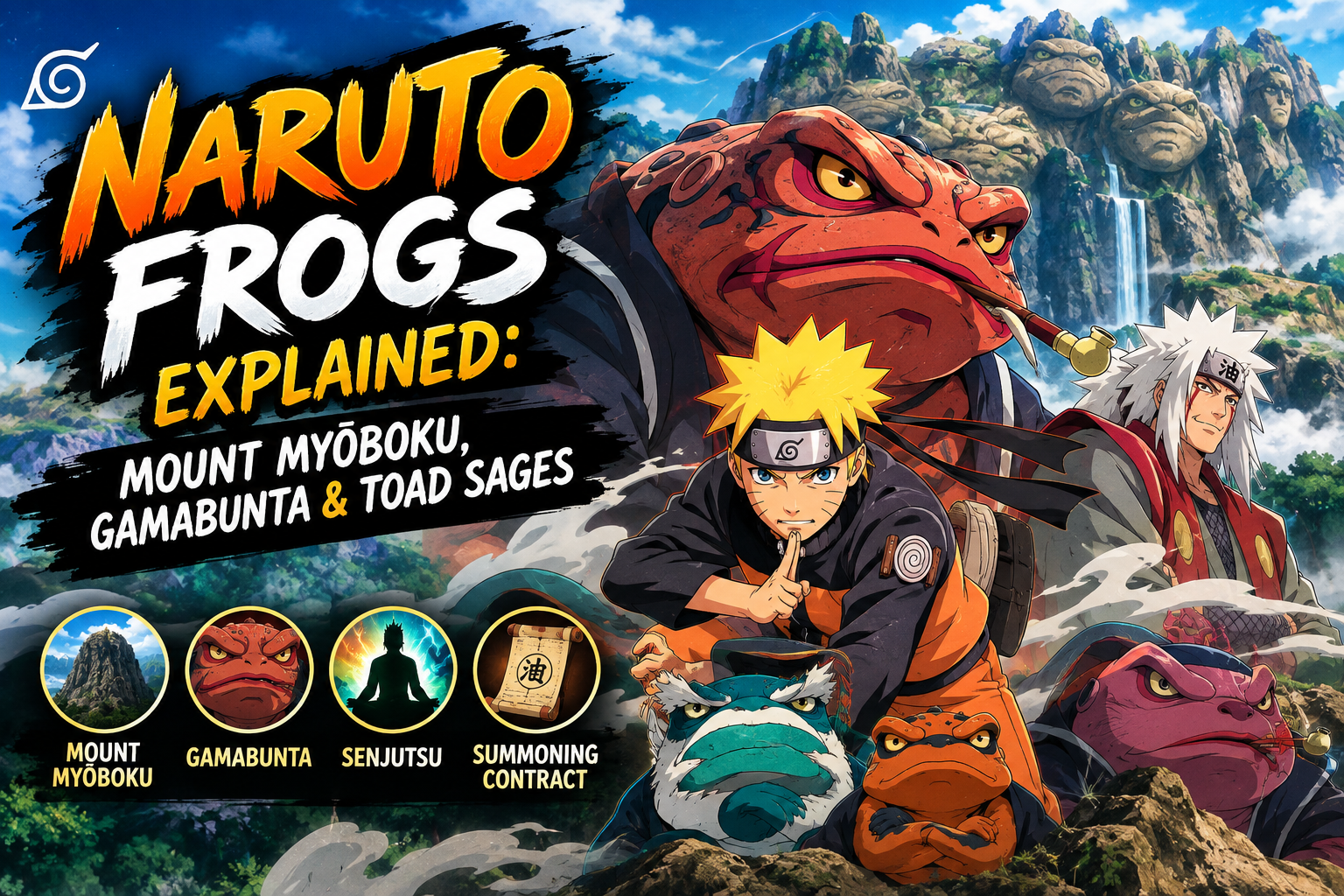 Naruto frogs at Mount Myōboku with Naruto, Jiraiya, and Gamabunta