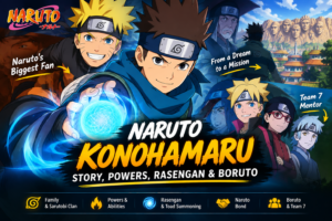 Naruto Konohamaru holding a glowing Rasengan with Naruto and Boruto in the background