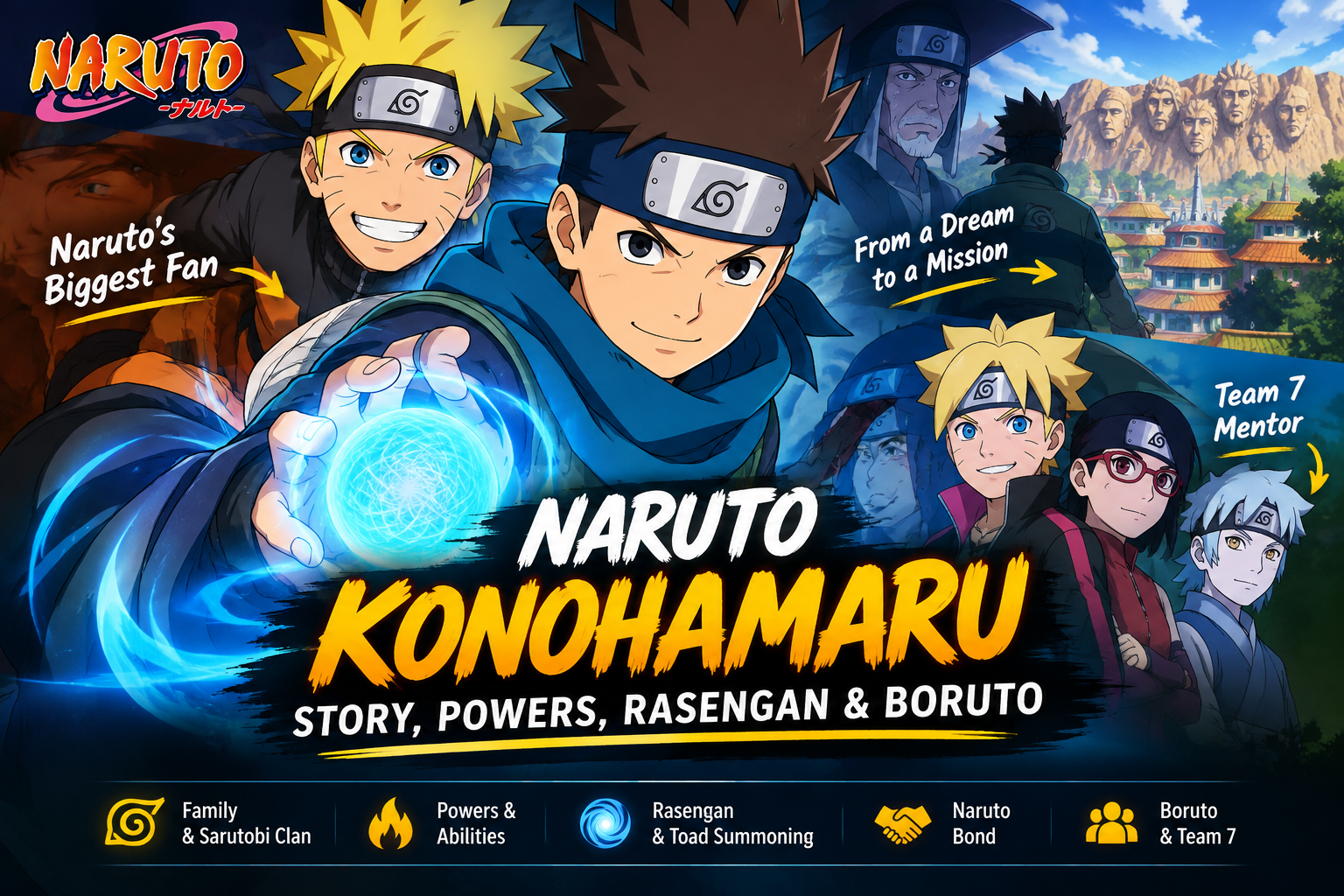 Naruto Konohamaru holding a glowing Rasengan with Naruto and Boruto in the background