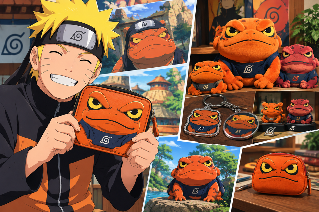Naruto with Gamachan frog wallet and toad-themed collectibles
