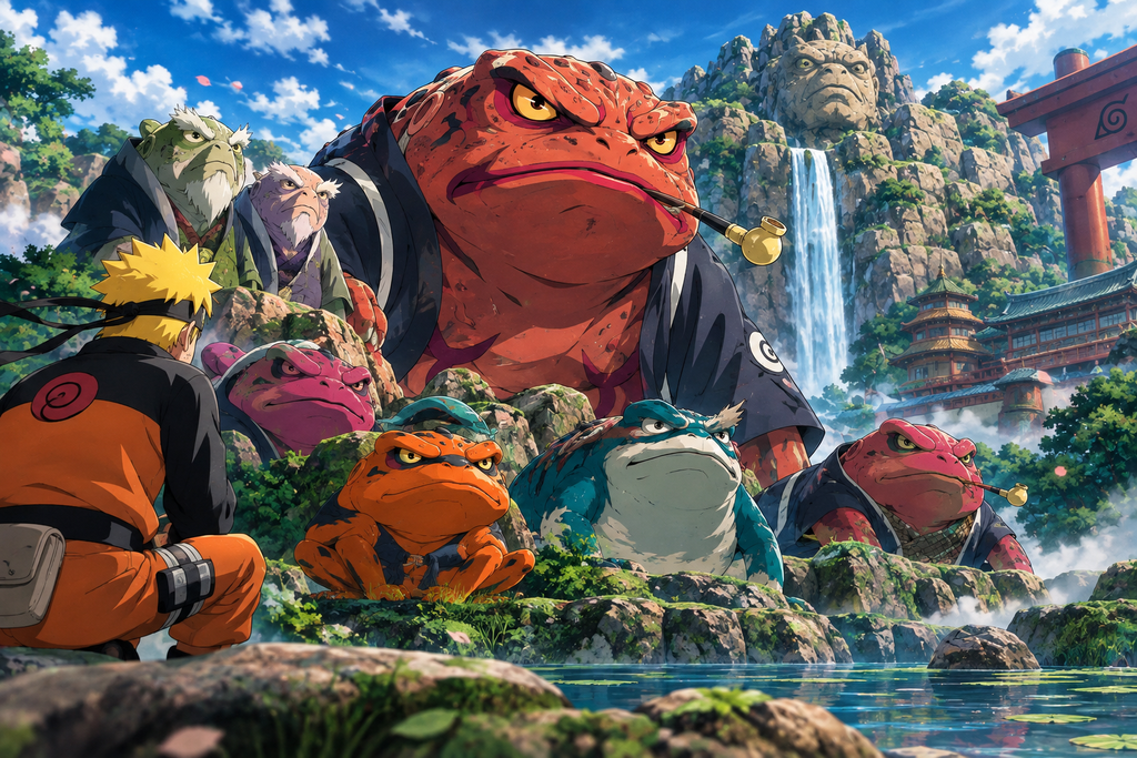 Naruto meeting the toads of Mount Myōboku with Gamabunta