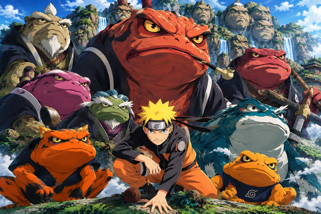 Naruto surrounded by famous toads of Mount Myōboku including Gamabunta and Gamakichi