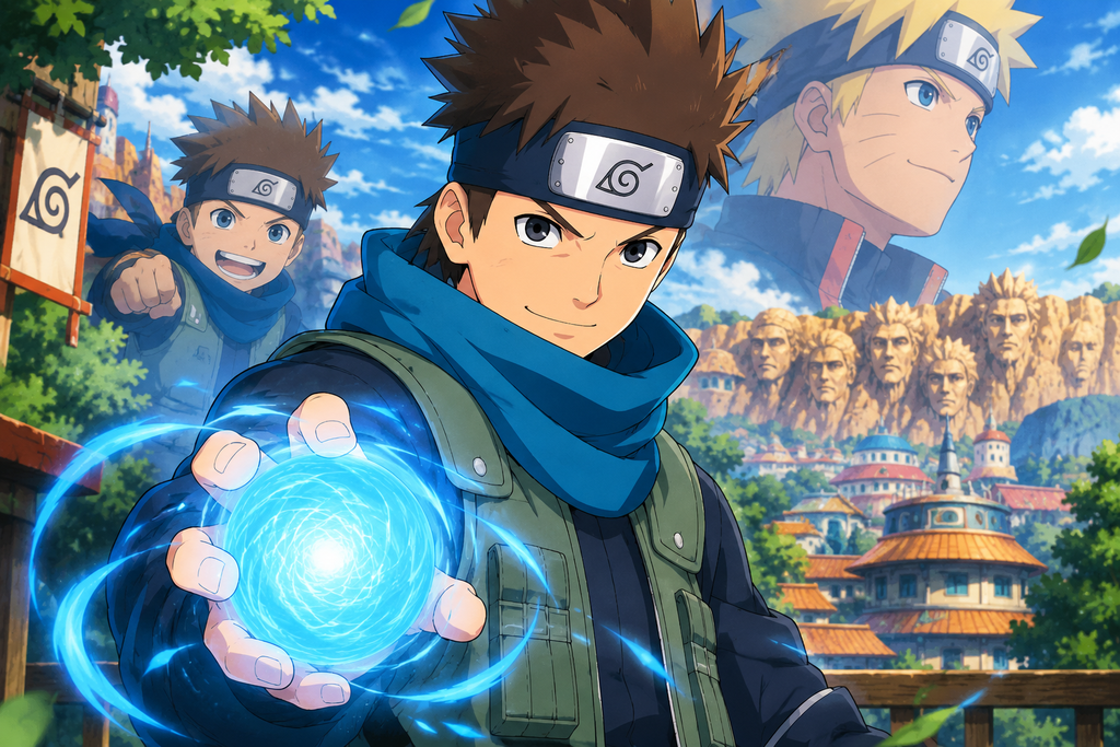 Konohamaru Sarutobi using Rasengan in the Hidden Leaf Village with Naruto in the background