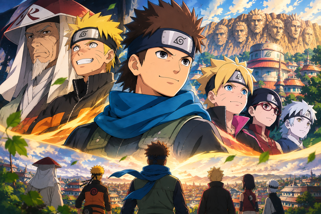 Konohamaru with Naruto and Boruto representing different generations of Konoha shinobi
