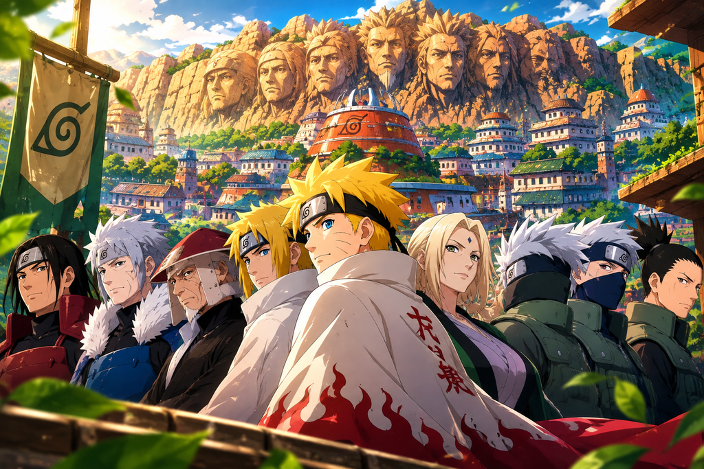 Naruto Hokage standing with Konoha leaders in front of the Hokage Rock