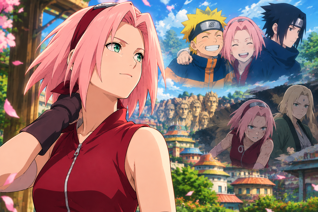 Sakura Haruno with Naruto and Sasuke as Team 7 members in Konoha