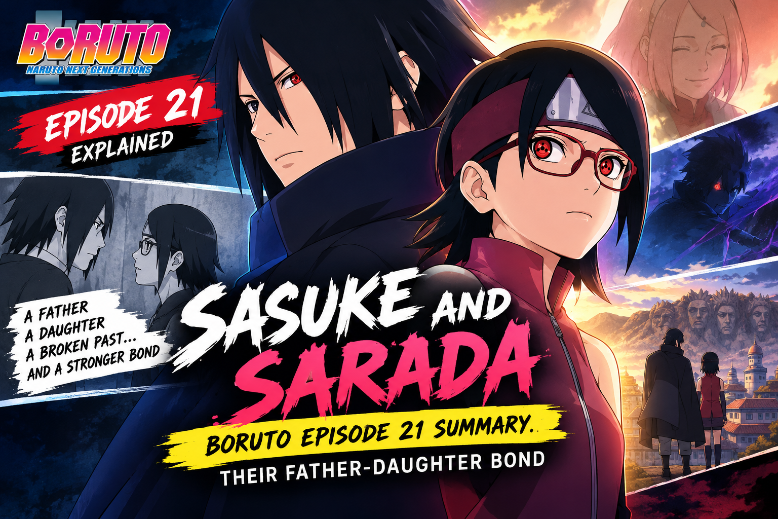 Sasuke and Sarada Uchiha in Boruto Episode 21, highlighting their complicated father-daughter relationship.