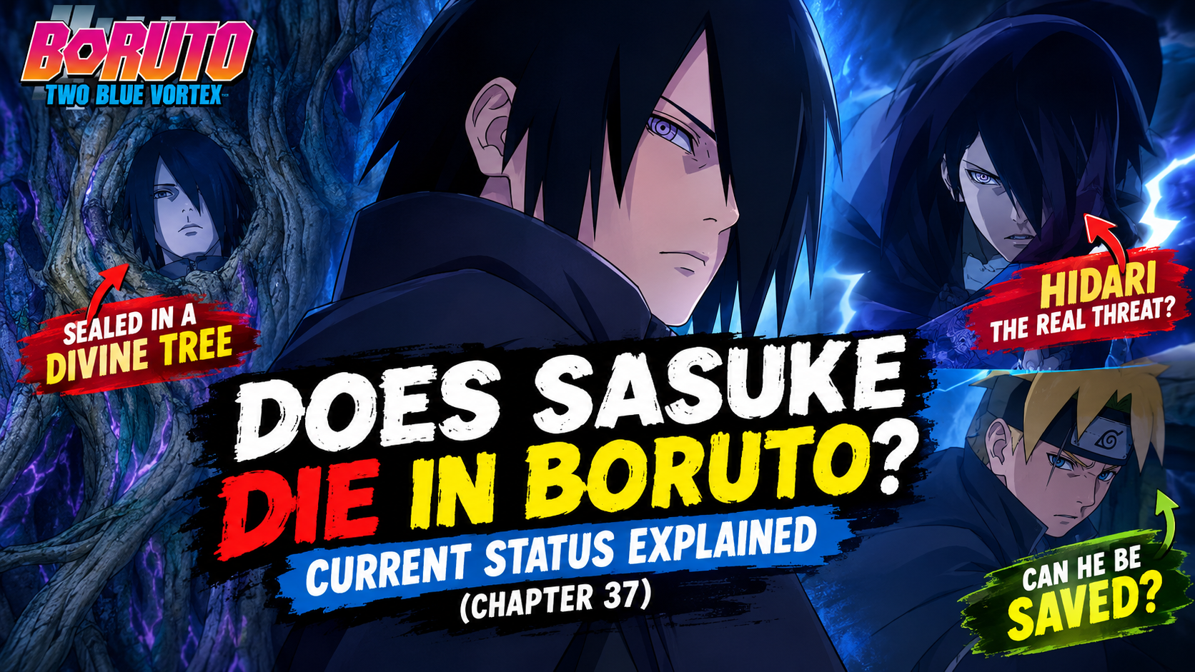 Sasuke Uchiha in Boruto Two Blue Vortex with Hidari and the Divine Tree, illustrating whether Sasuke dies in Boruto.