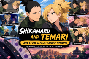 Shikamaru and Temari love story and relationship timeline from Naruto, showing their journey from rivals to marriage and family in Boruto.