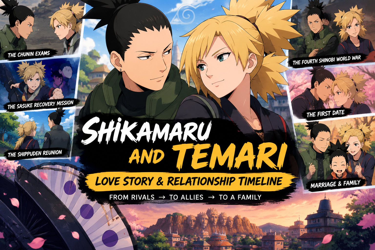 Shikamaru and Temari love story and relationship timeline from Naruto, showing their journey from rivals to marriage and family in Boruto.